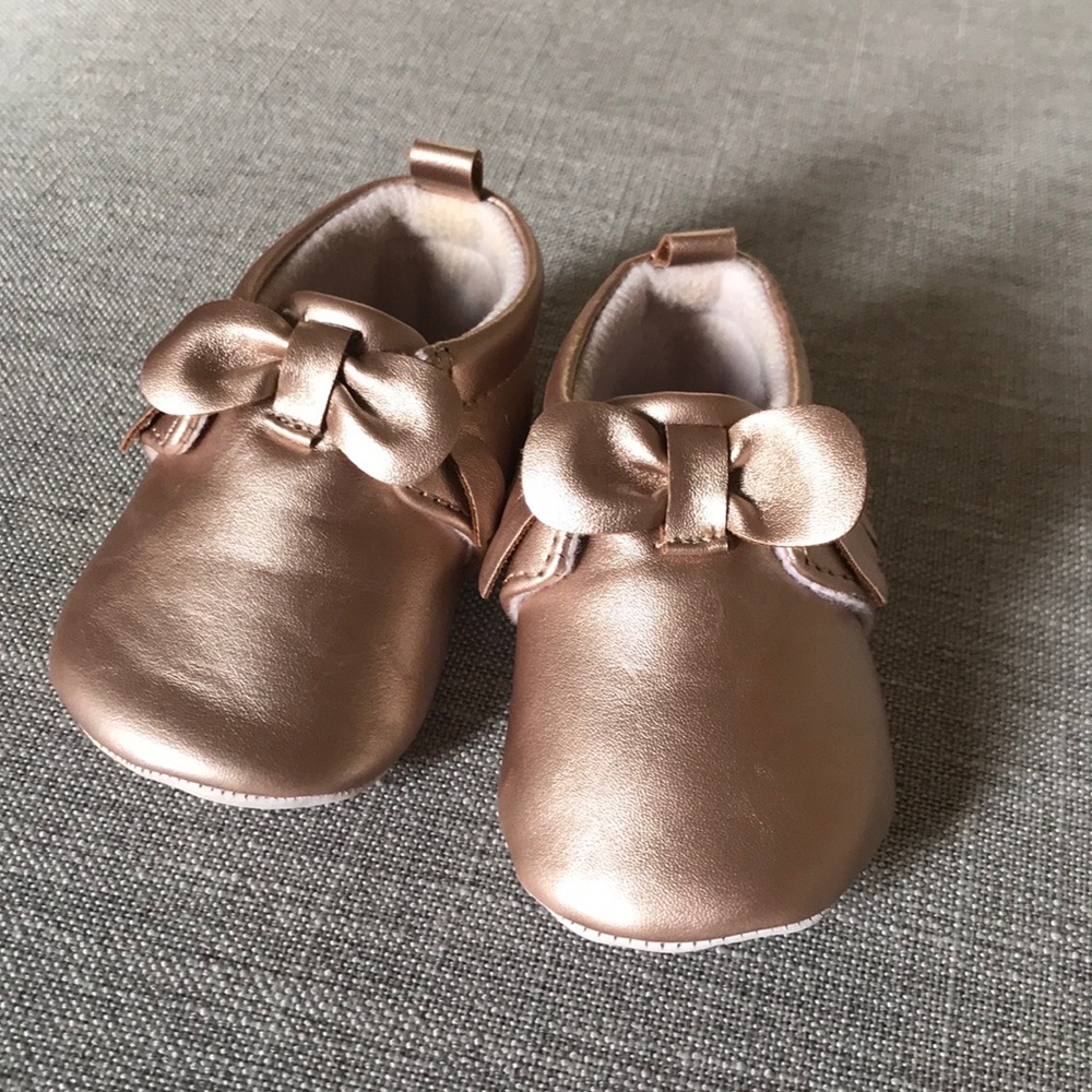 Rose gold metallic moccasins
